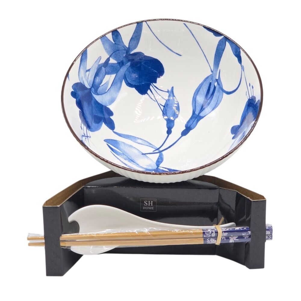SH‎ Home 42oz Blue Ceramic Ramen Noodle Soup Bowl Chopsticks Spoon Floral Motifs